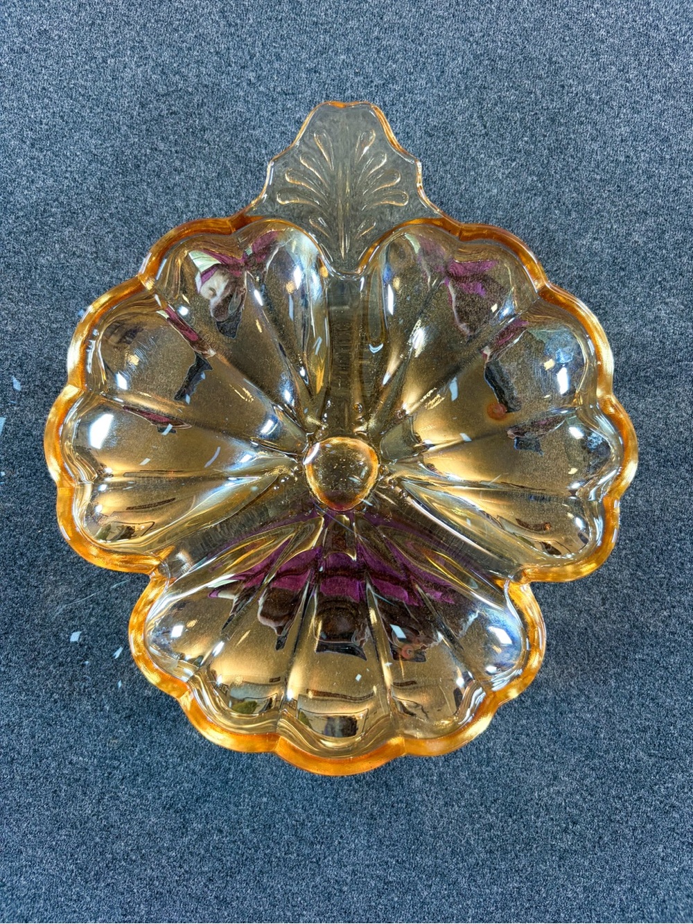 Vintage Amber Marigold Carnival Glass Flower Floral Divided Dish MCM Candy Keys